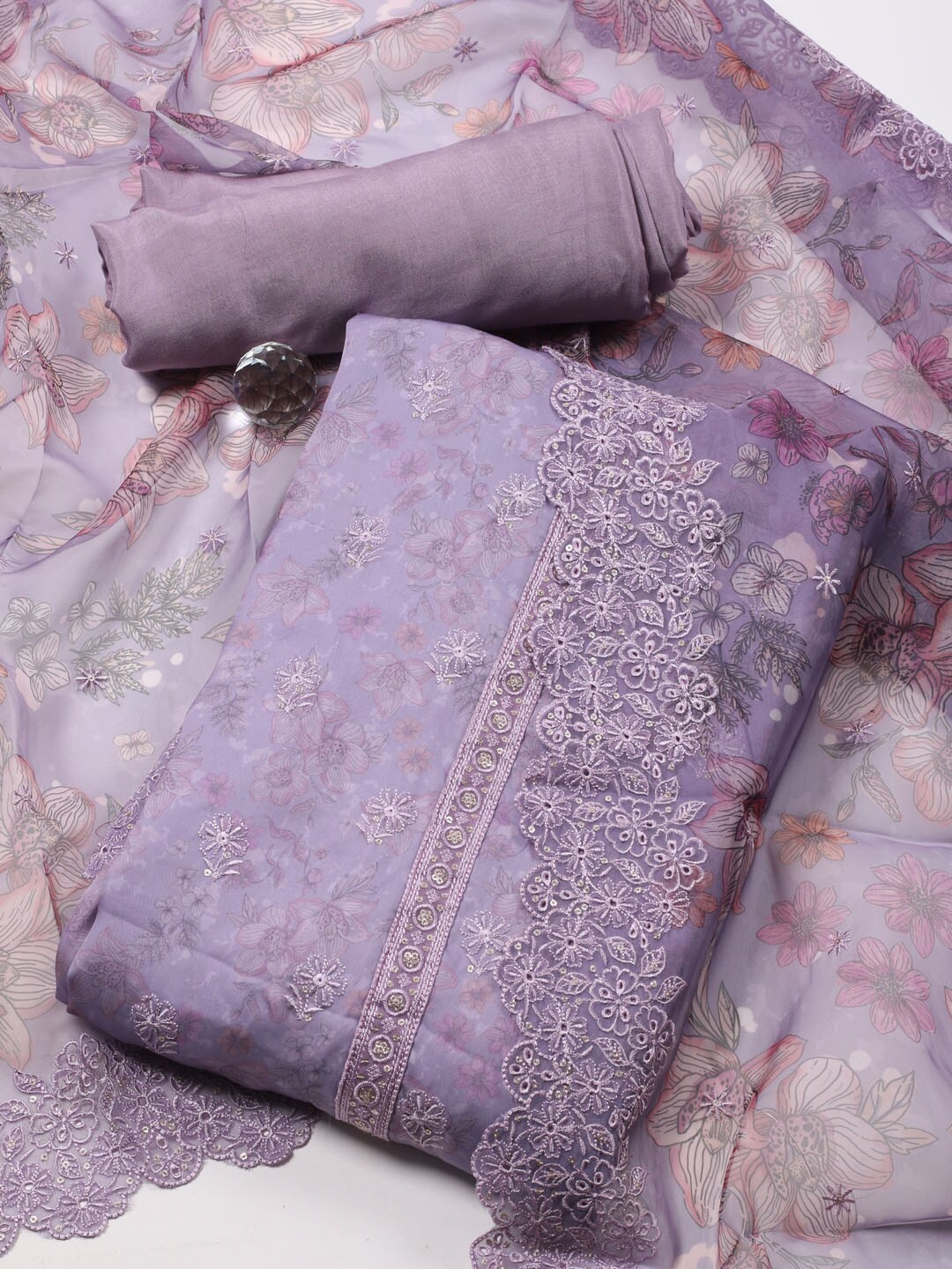 

Meena Bazaar Printed Unstitched Dress Material, Lavender