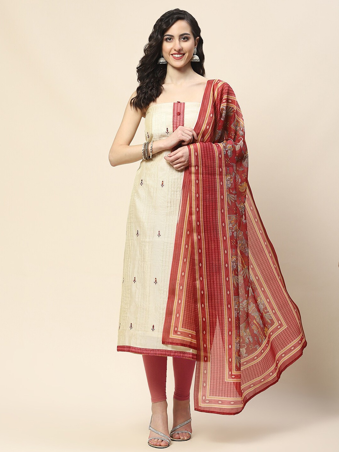 

Meena Bazaar Art Silk Unstitched Dress Material, Cream