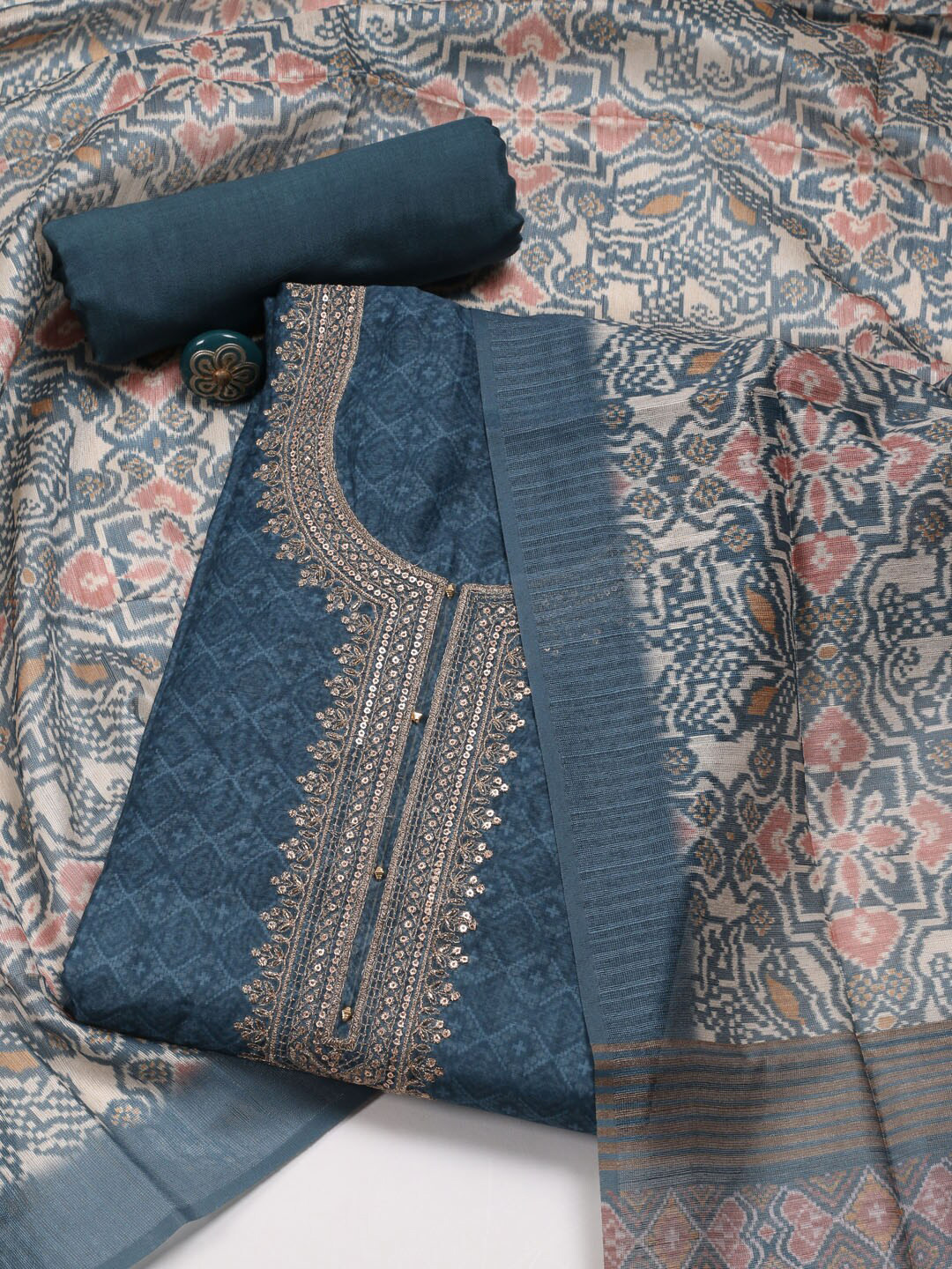 

Meena Bazaar Geometric Printed Sequinned Unstitched Dress Material, Blue