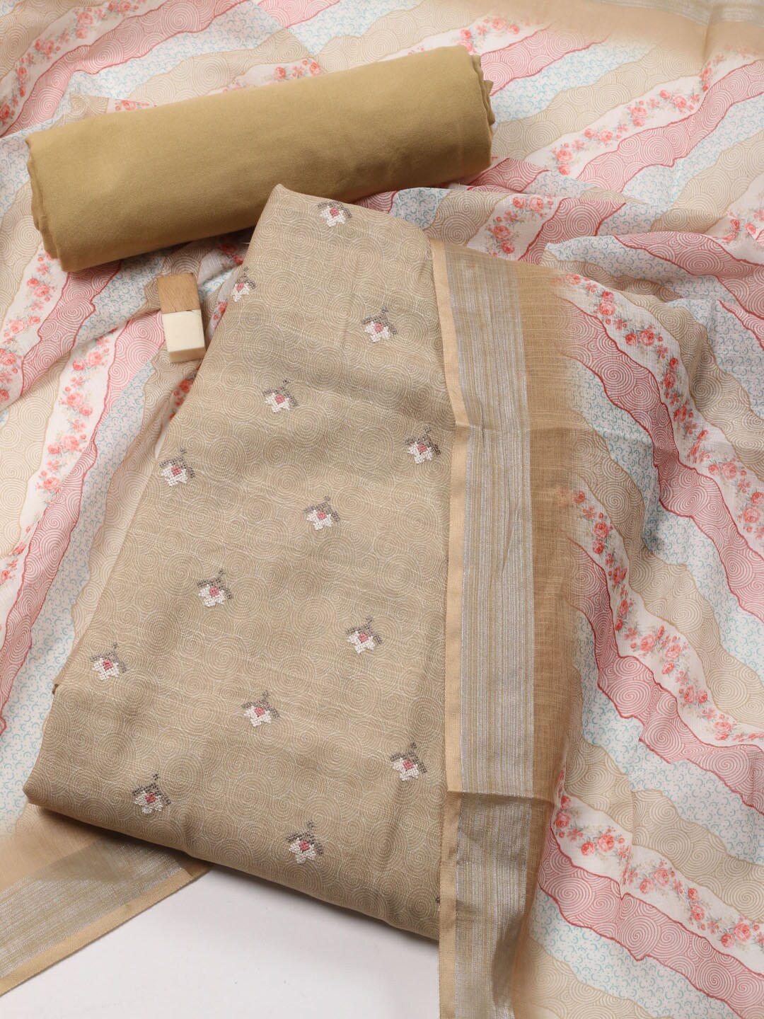 

Meena Bazaar Floral Embroidered Linen Unstitched Dress Material, Beige