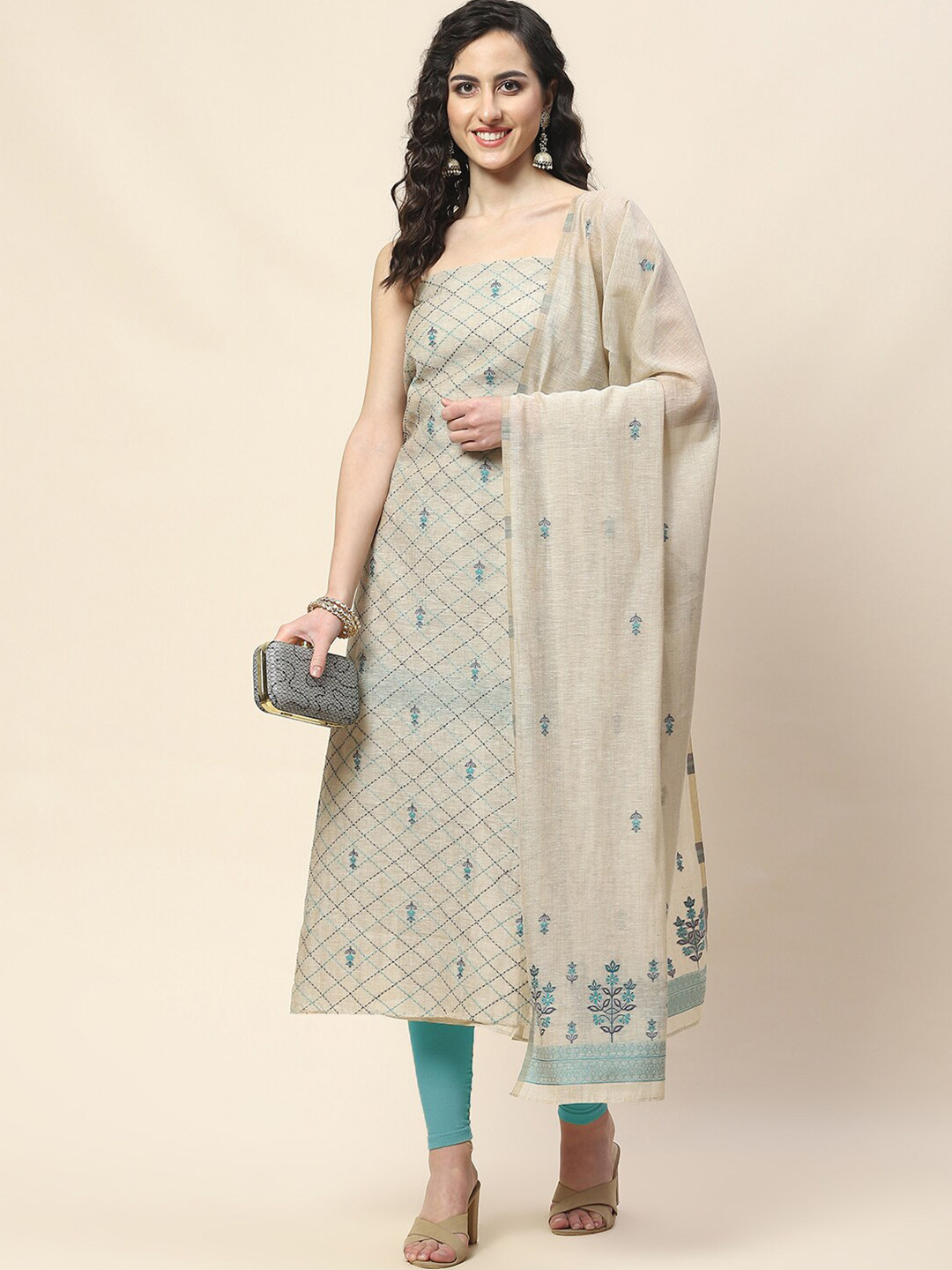 

Meena Bazaar Art Silk Unstitched Dress Material, Beige