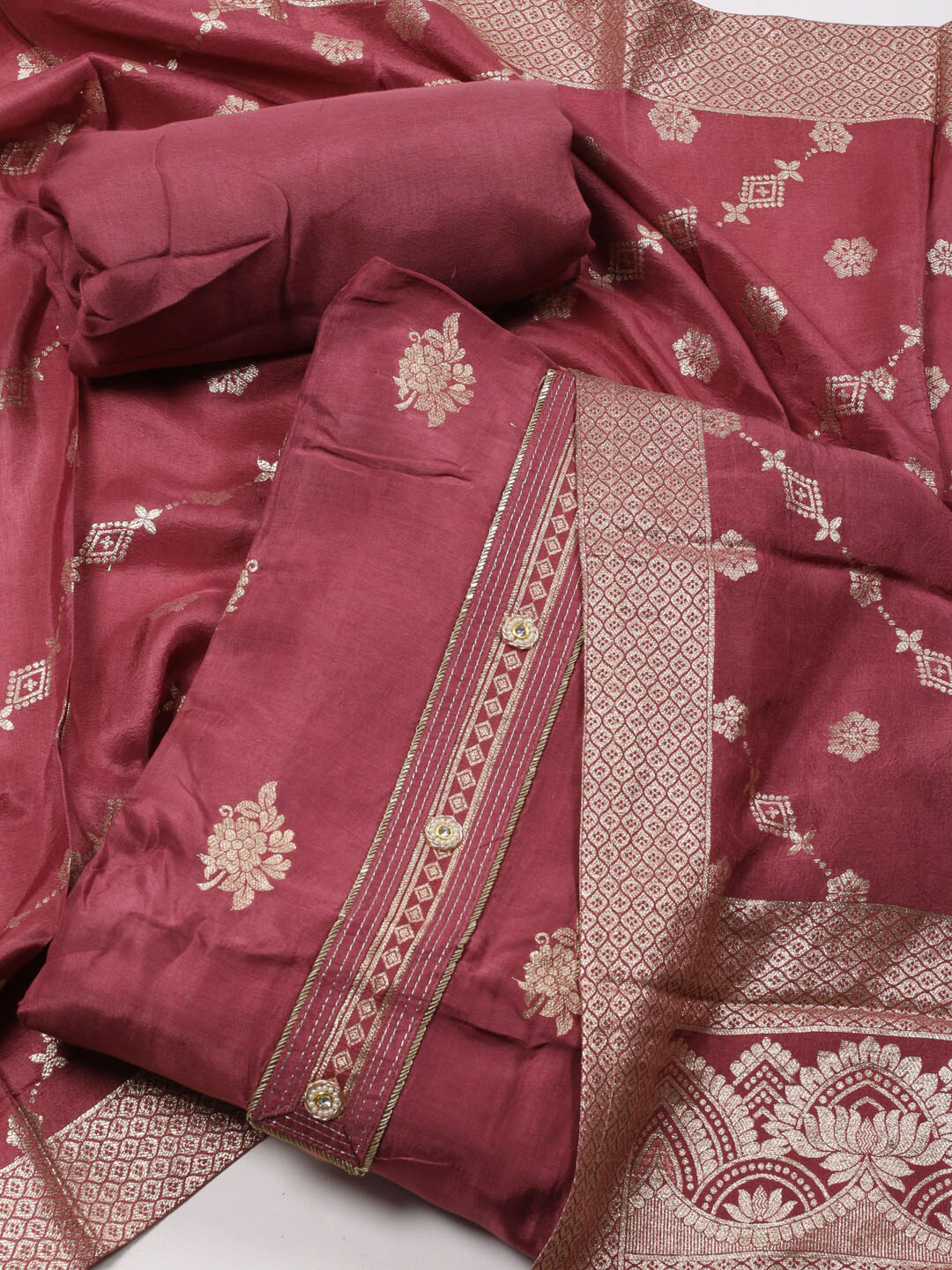 

Meena Bazaar Floral Printed Art Silk Unstitched Dress Material, Pink