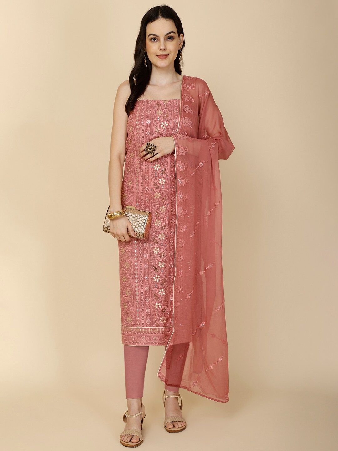 

Meena Bazaar Ethnic Motifs Embroidered Sequinned Unstitched Dress Material, Rust