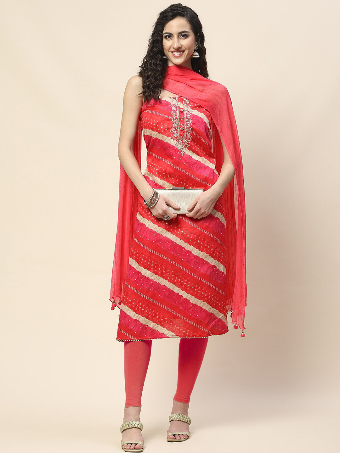 

Meena Bazaar Ethnic Motifs Printed Sequinned Unstitched Dress Material, Pink