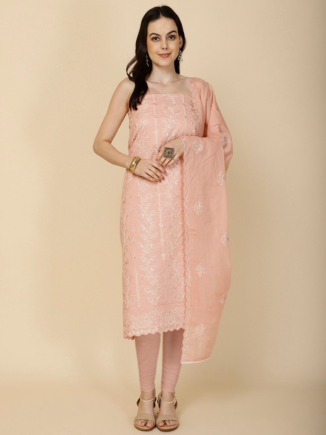 

Meena Bazaar Floral Embroidered Unstitched Dress Material, Peach