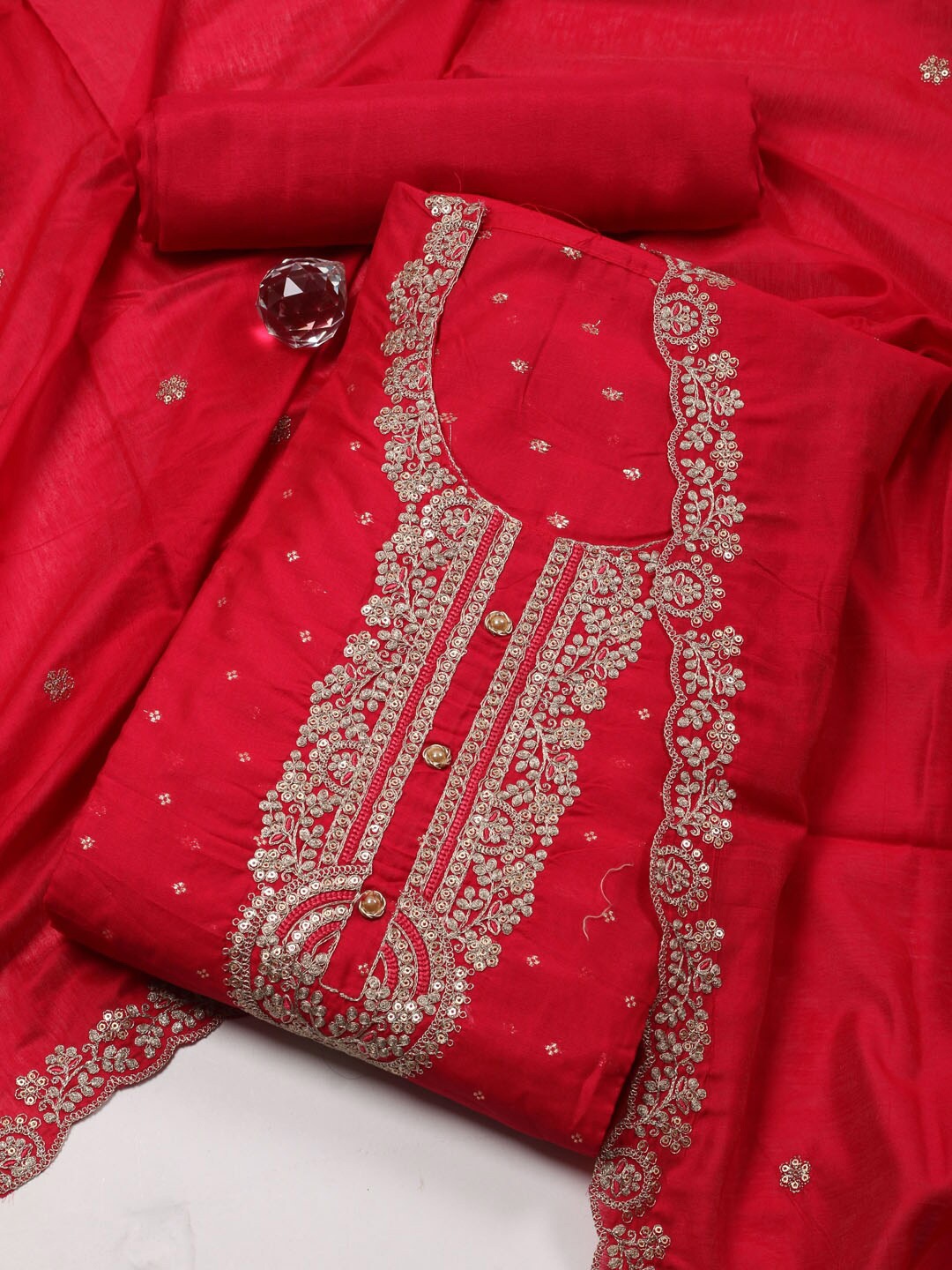 

Meena Bazaar Floral Embroidered Sequinned Unstitched Dress Material, Red
