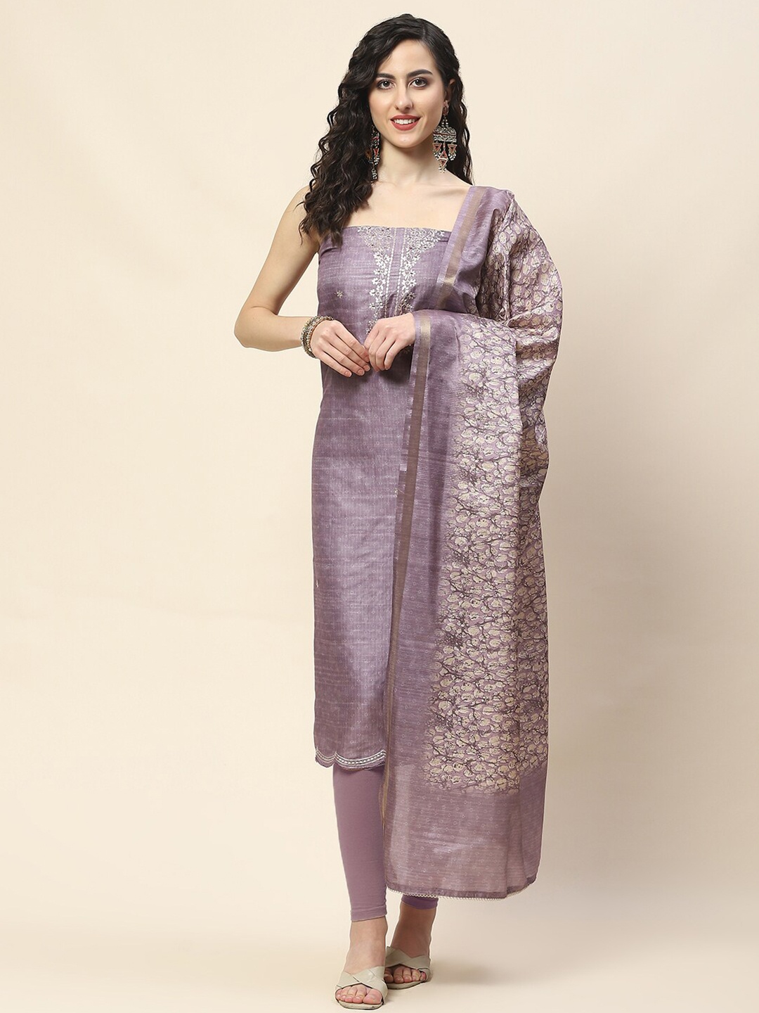 

Meena Bazaar Floral Embroidered Unstitched Dress Material, Purple