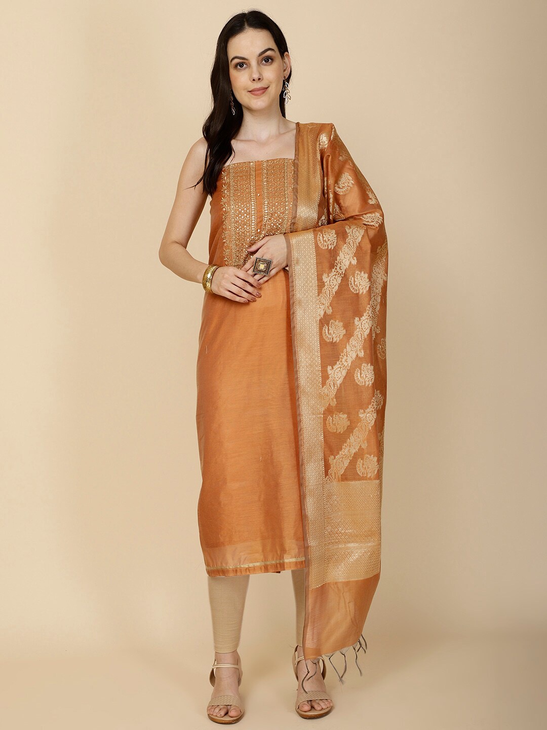 

Meena Bazaar Embroidered Art Silk Unstitched Dress Material, Mustard