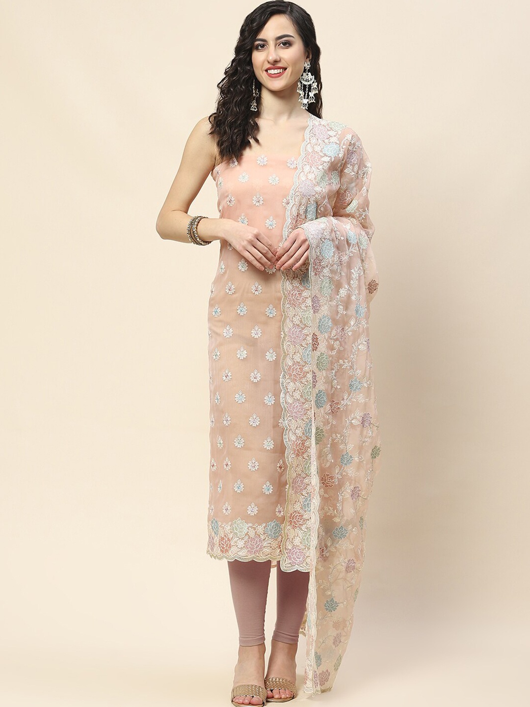 

Meena Bazaar Floral Embroidered Unstitched Dress Material, Peach