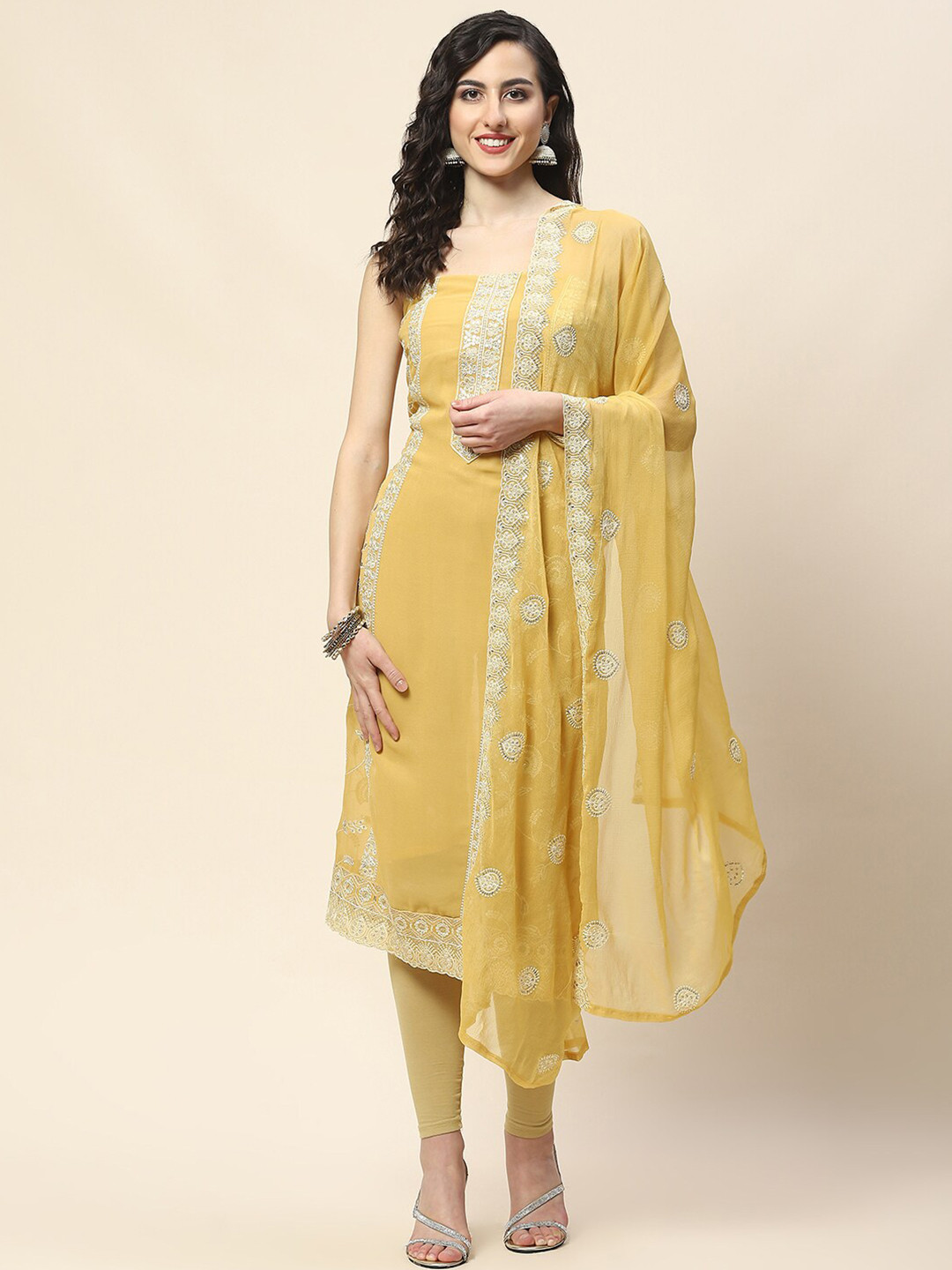 

Meena Bazaar Floral Embroidered Unstitched Dress Material, Mustard
