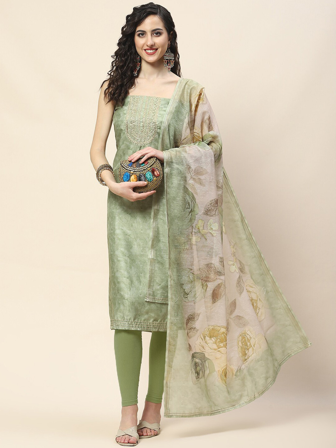 

Meena Bazaar Floral Printed Sequinned Unstitched Dress Material, Green