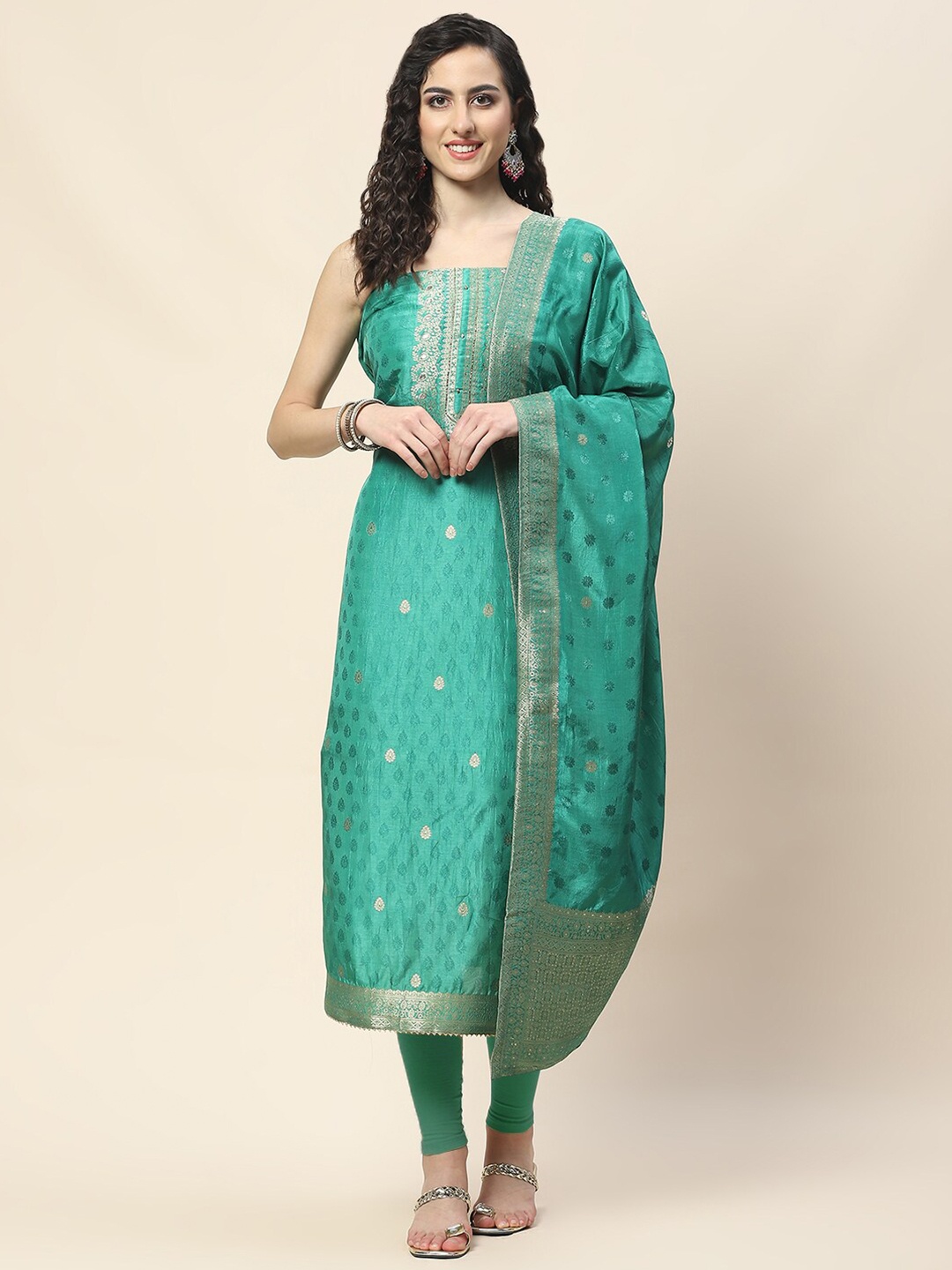 

Meena Bazaar Floral Woven Design Art Silk Unstitched Dress Material, Sea green