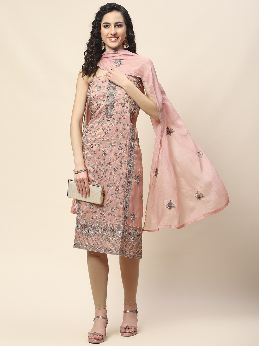 

Meena Bazaar Floral Embroidered Beads & Stones Unstitched Dress Material, Peach