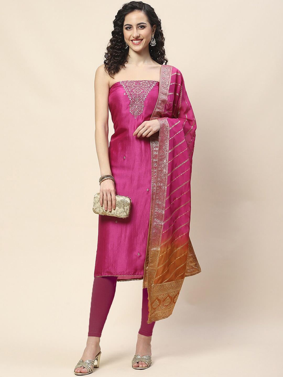 

Meena Bazaar Ethnic Motifs Embroidered Sequinned Art Silk Unstitched Dress Material, Magenta