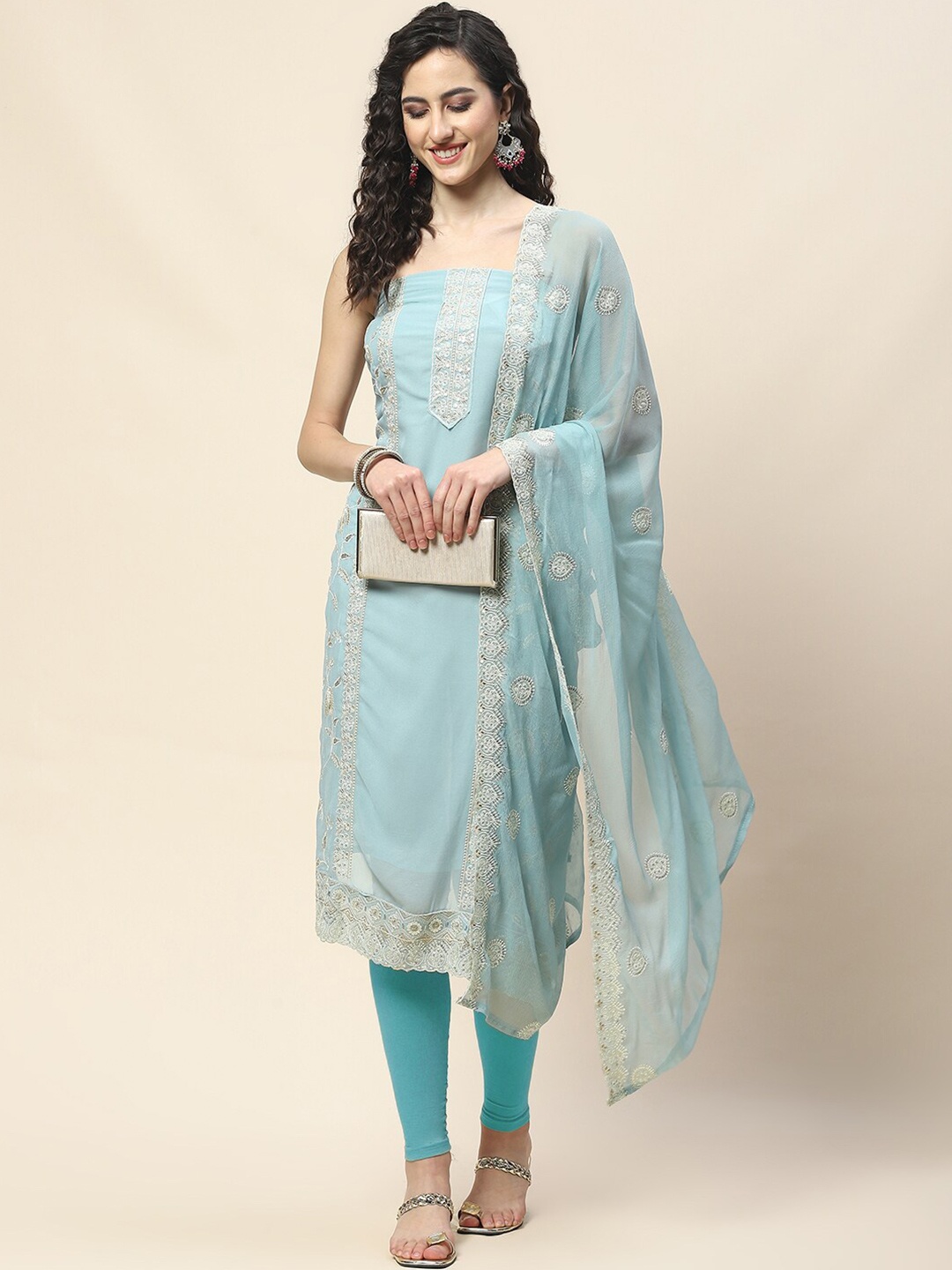 

Meena Bazaar Floral Embroidered Sequinned Unstitched Dress Material, Blue