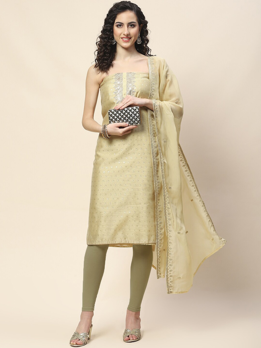 

Meena Bazaar Art Silk Unstitched Dress Material, Beige