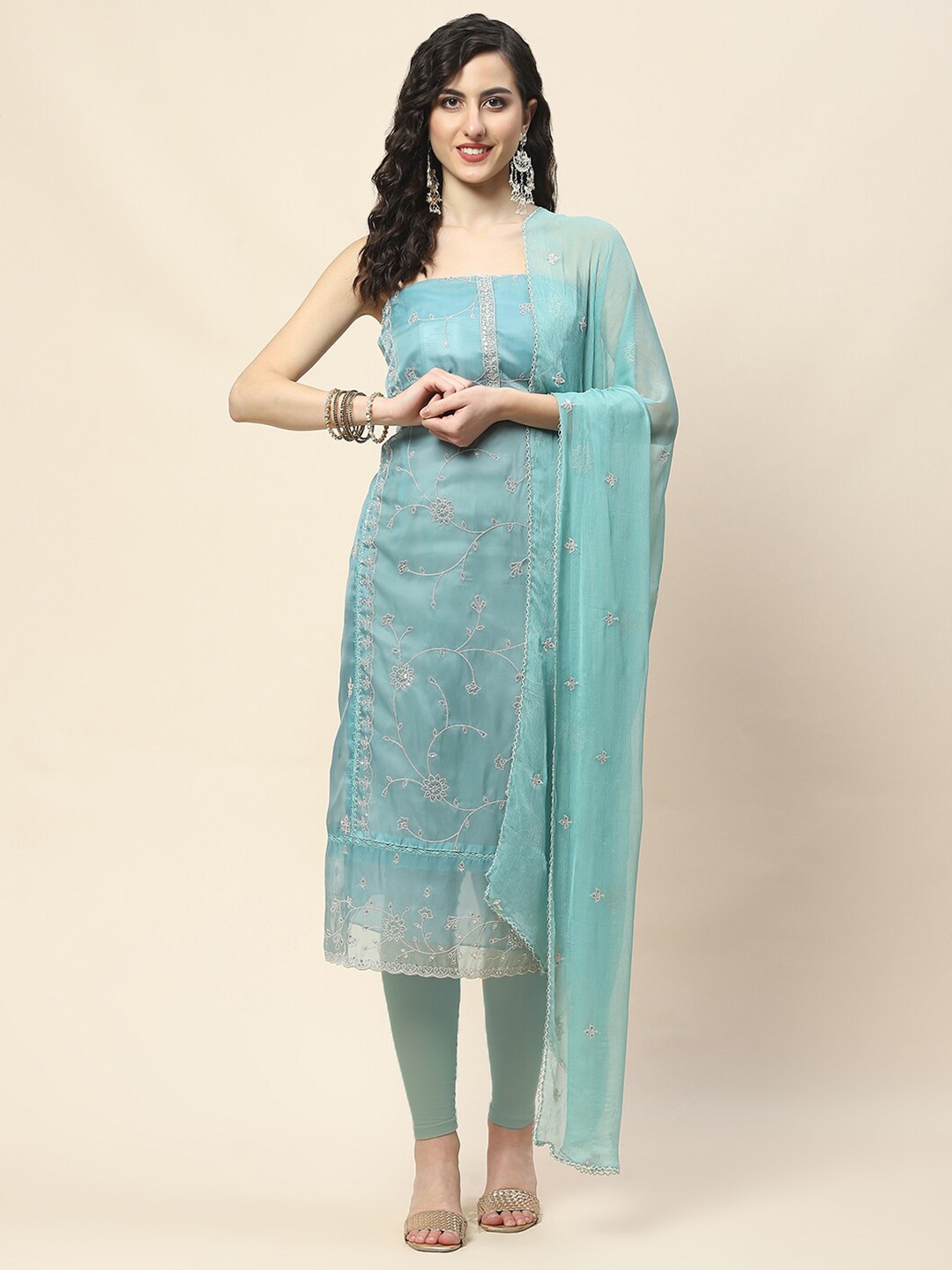 

Meena Bazaar Floral Embroidered Organza Unstitched Dress Material, Blue