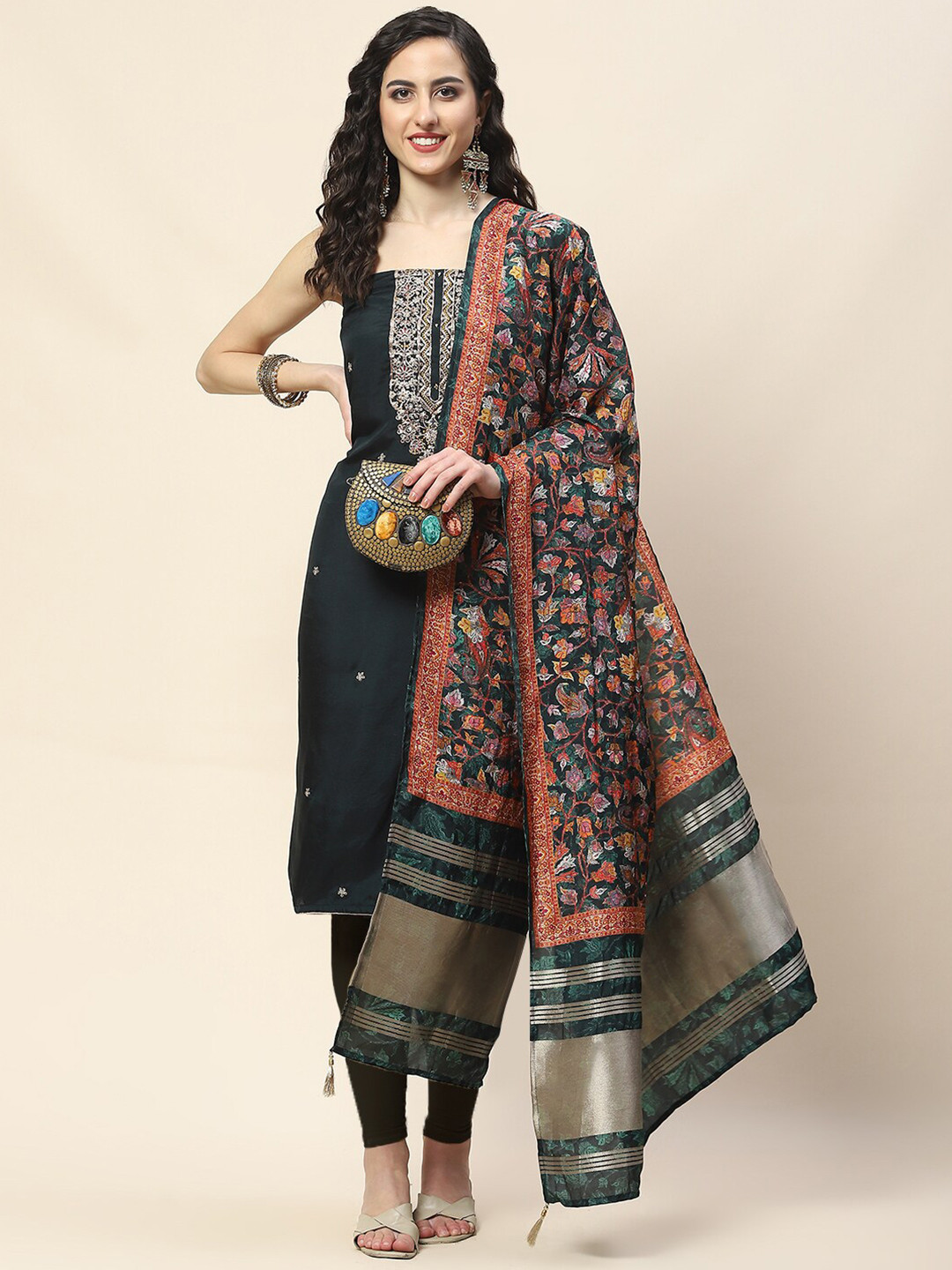 

Meena Bazaar Embroidered Art Silk Unstitched Dress Material, Green