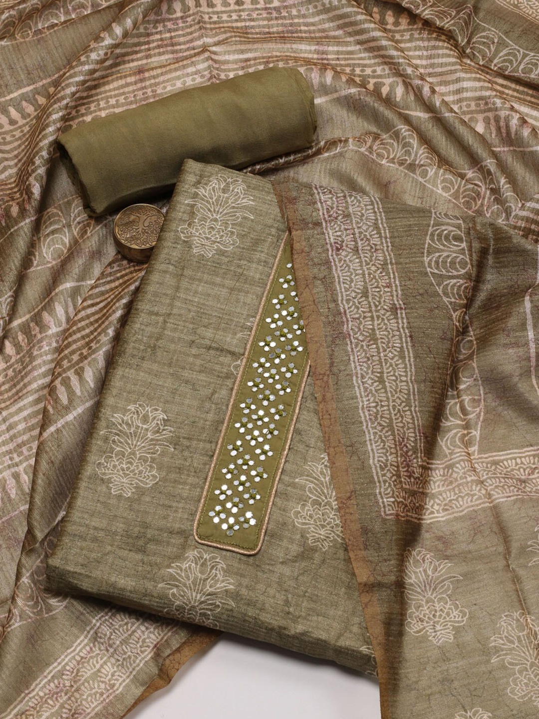 

Meena Bazaar Printed Art Silk Unstitched Dress Material, Green