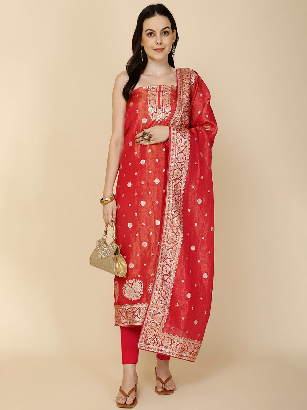 

Meena Bazaar Woven Design Unstitched Dress Material, Pink