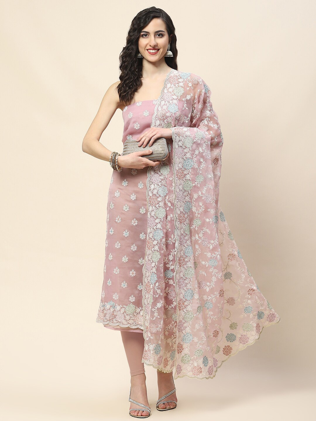 

Meena Bazaar Floral Embroidered Unstitched Dress Material, Mauve