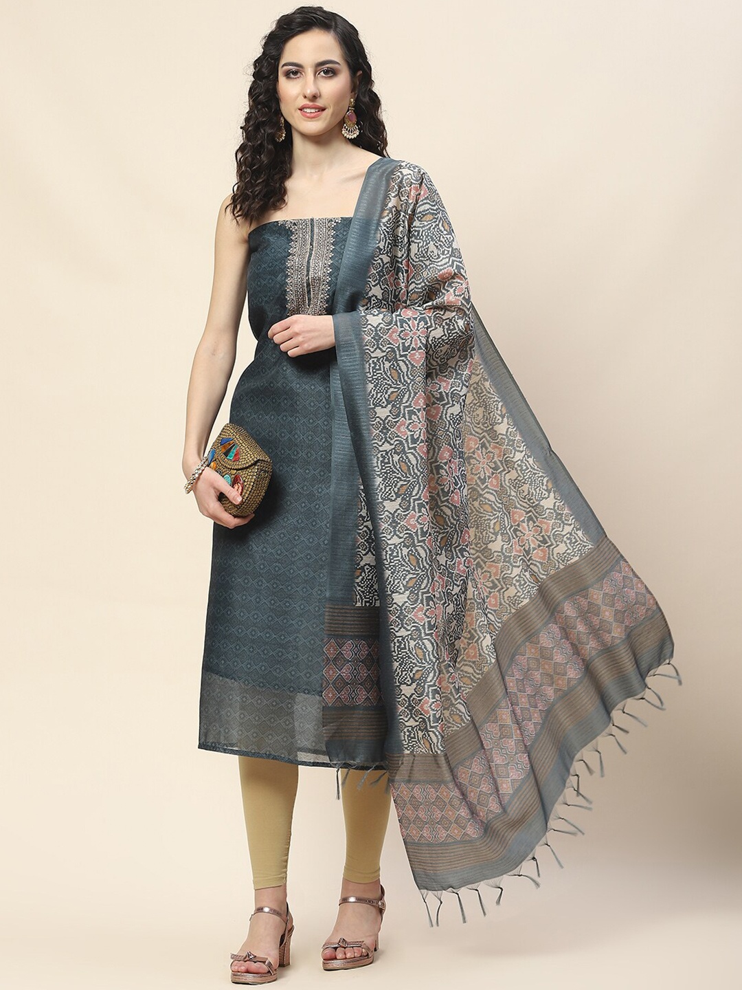 

Meena Bazaar Printed Art Silk Unstitched Dress Material, Grey
