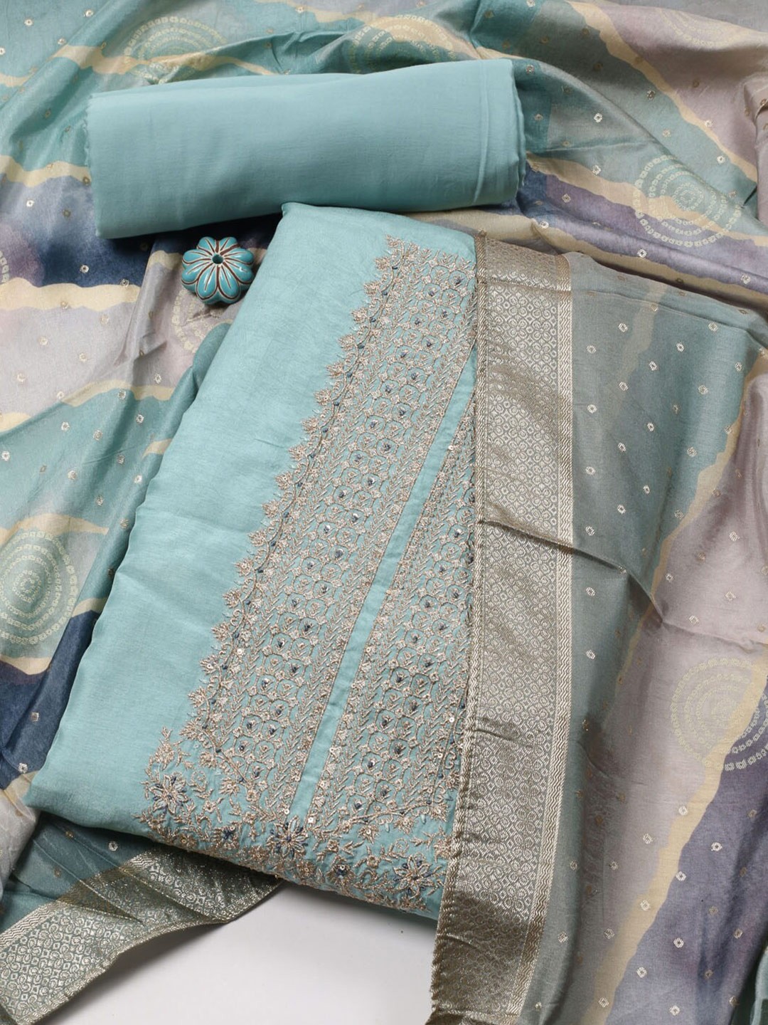 

Meena Bazaar Embroidered Art Silk Unstitched Dress Material, Sea green