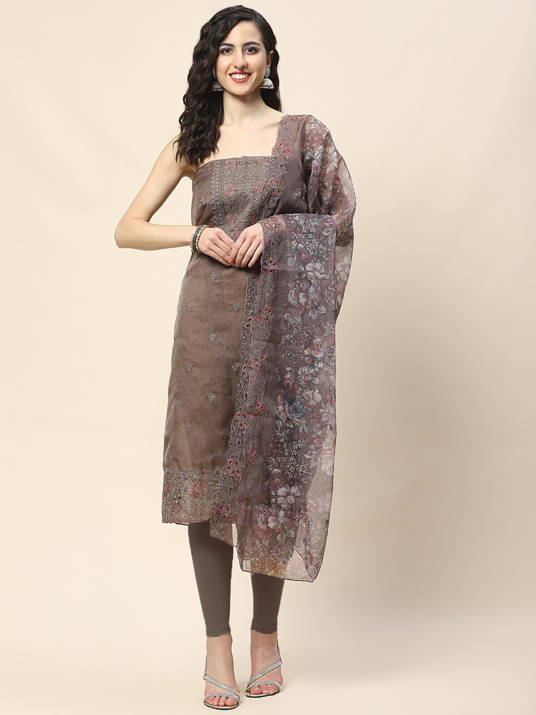 

Meena Bazaar Ethnic Embroidered Unstitched Dress Material, Brown