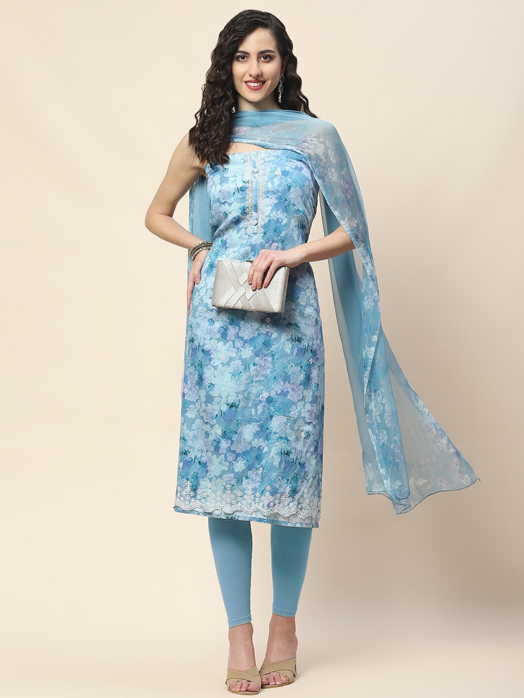 

Meena Bazaar Floral Printed Unstitched Dress Material, Blue