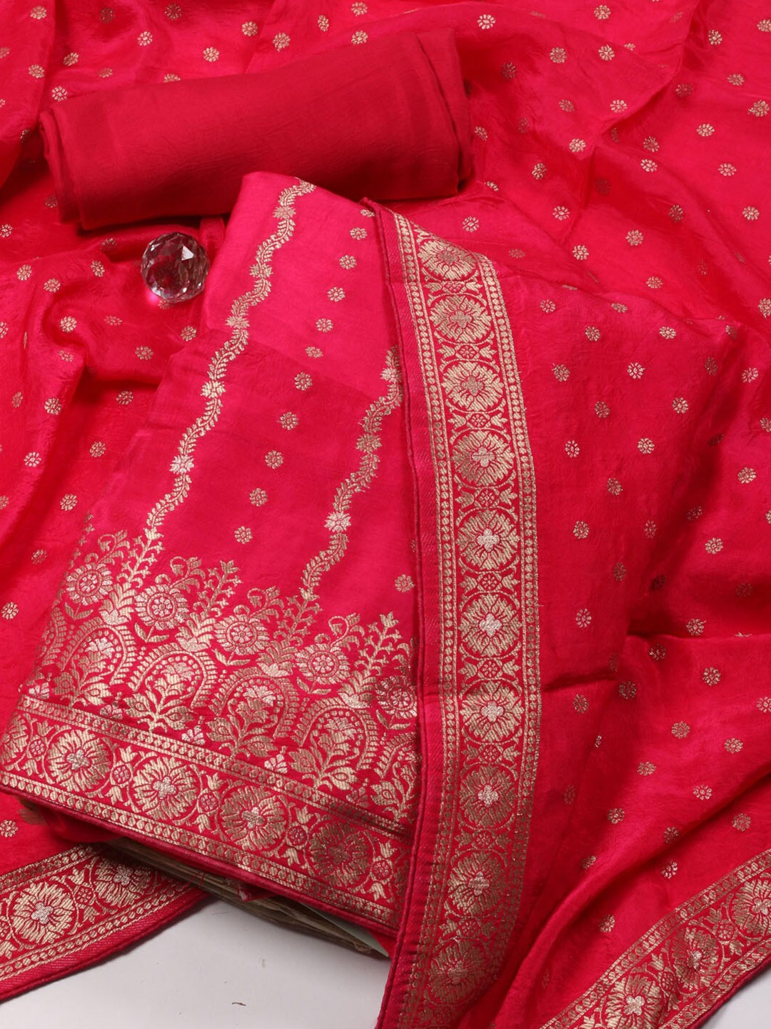 

Meena Bazaar Floral Woven Design Art Silk Unstitched Dress Material, Pink