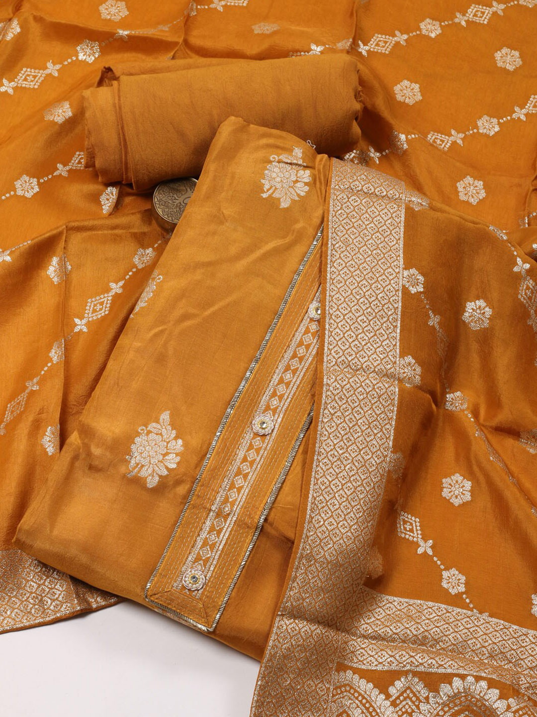 

Meena Bazaar Floral Woven Design Zari Art Silk Unstitched Dress Material, Mustard