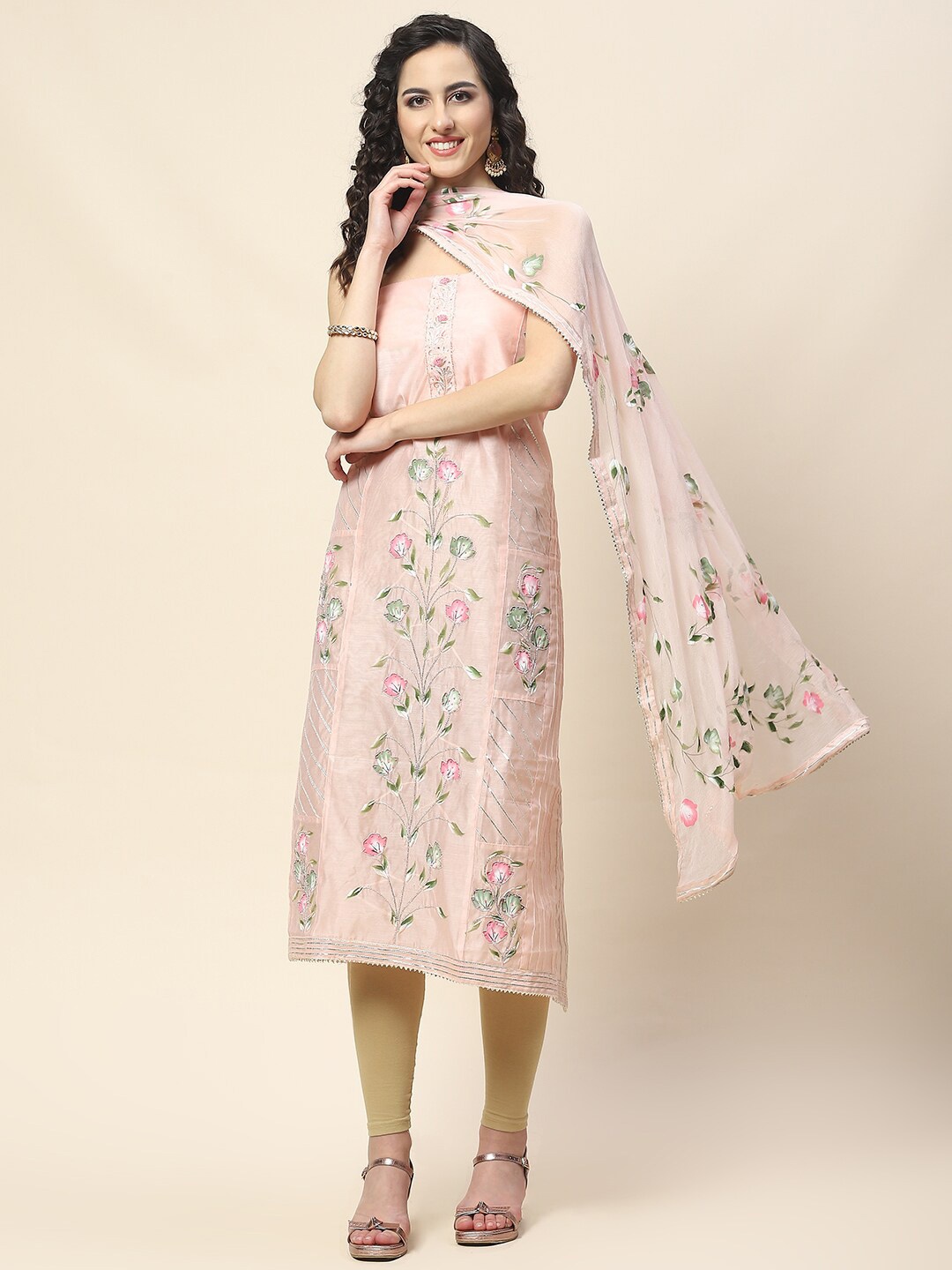 

Meena Bazaar Floral Printed Beads & Stones Unstitched Dress Material, Peach