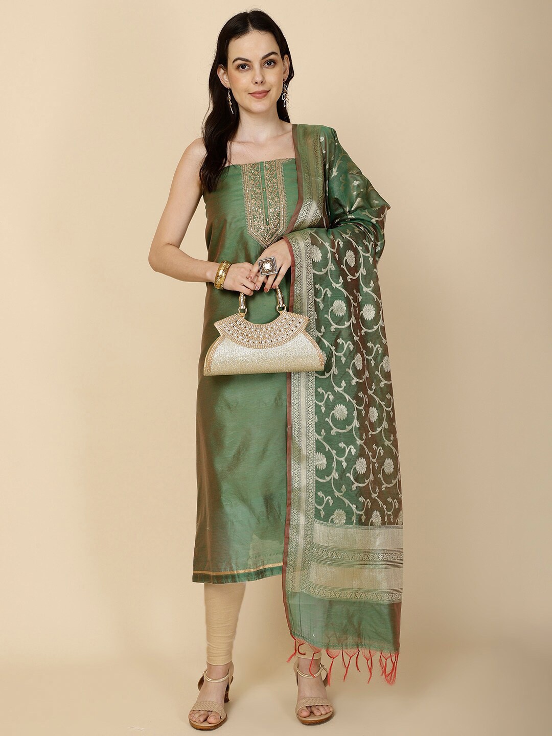

Meena Bazaar Ethnic Embroidered Unstitched Dress Material, Green