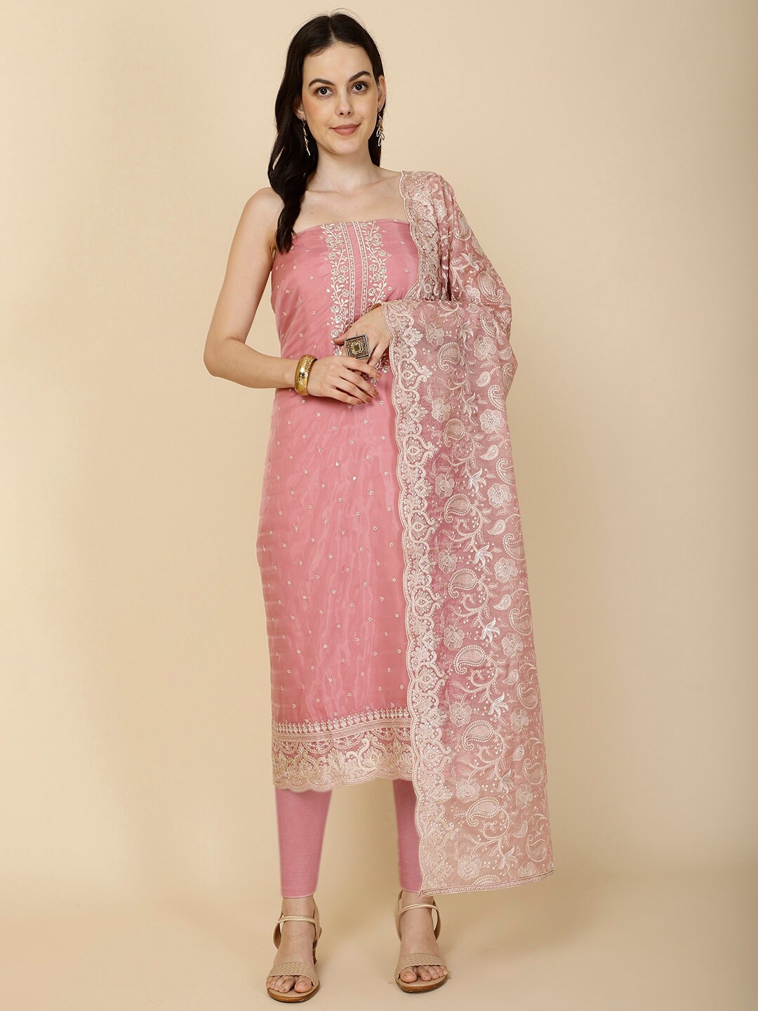 

Meena Bazaar Floral Embroidered Organza Unstitched Dress Material, Pink