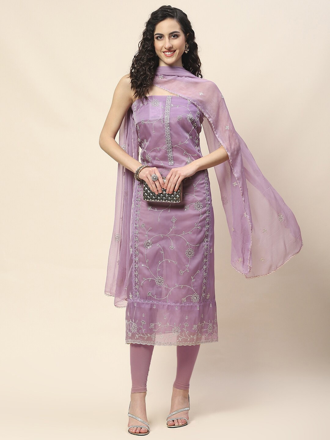 

Meena Bazaar Floral Embroidered Organza Unstitched Dress Material, Lavender