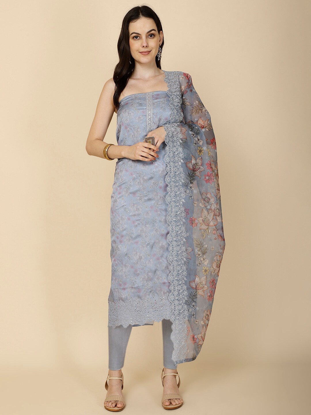 

Meena Bazaar Floral Printed Unstitched Dress Material, Grey