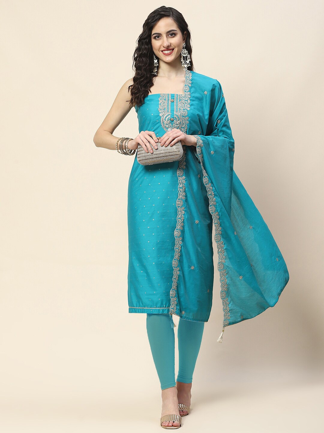 

Meena Bazaar Embroidered Art Silk Unstitched Dress Material, Blue