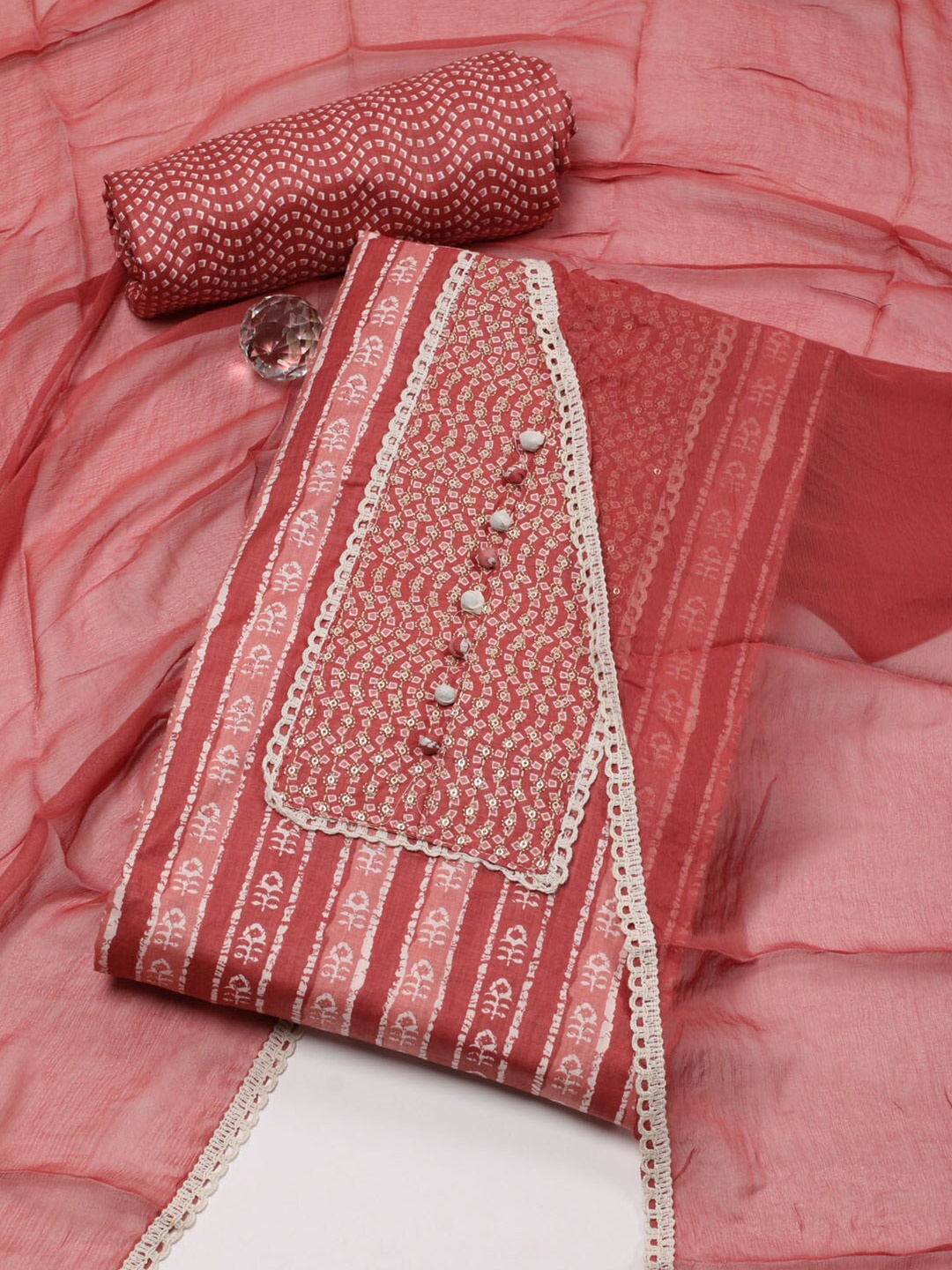

Meena Bazaar Ethnic Motifs Printed Unstitched Dress Material, Coral