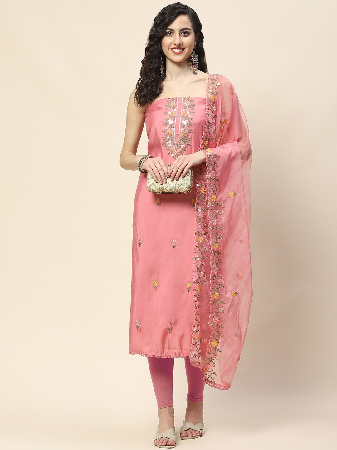 

Meena Bazaar Embroidered Unstitched Dress Material, Pink