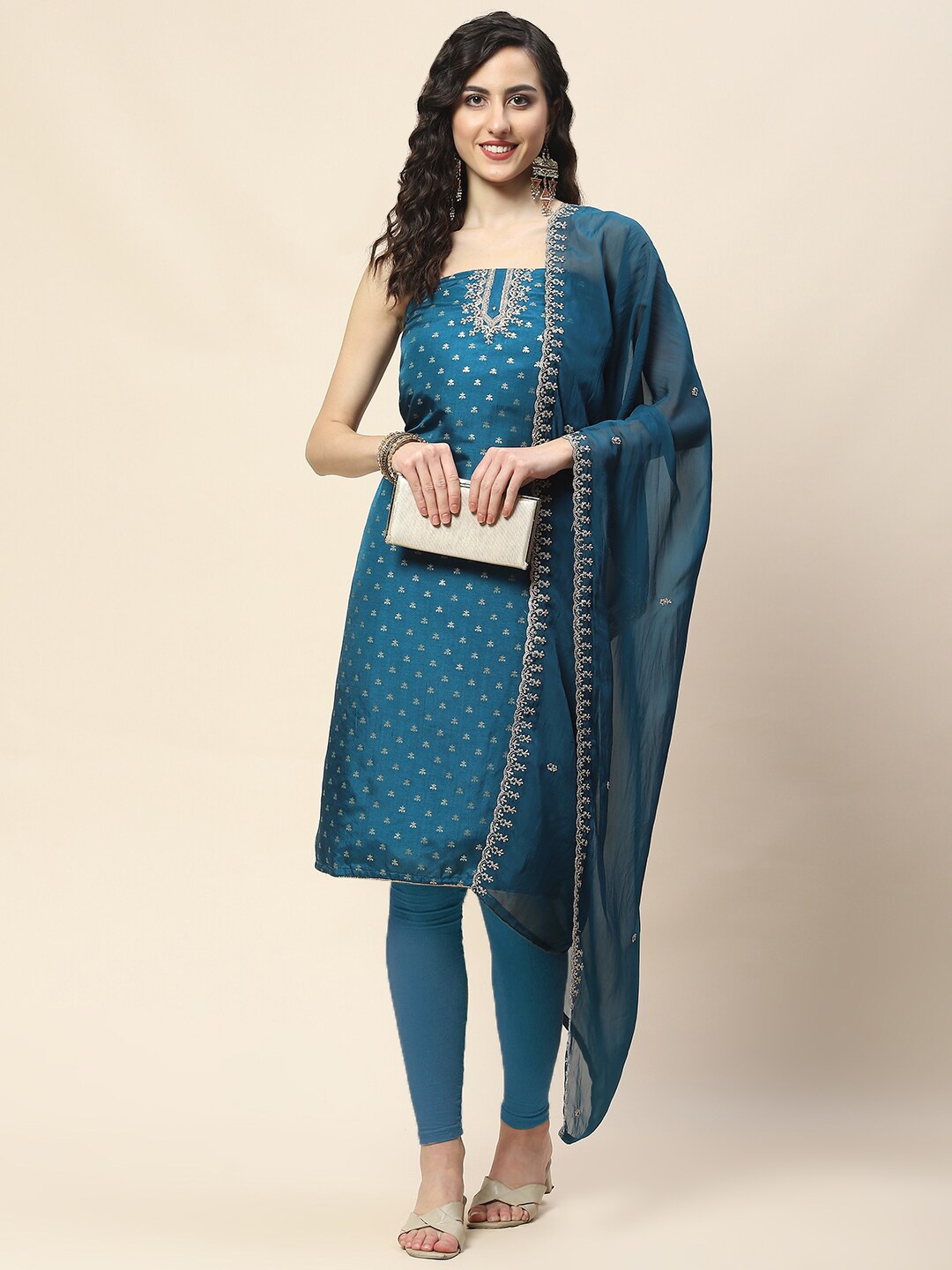 

Meena Bazaar Floral Woven Design Zari Unstitched Dress Material, Blue