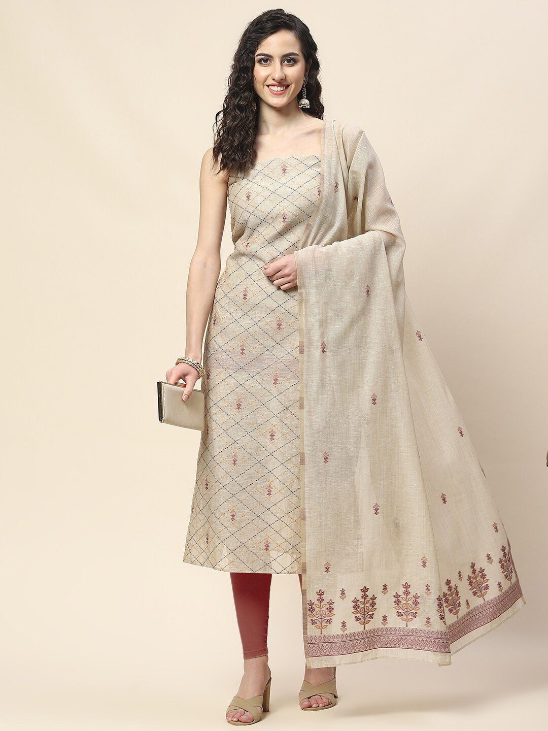 

Meena Bazaar Geometric Woven Design Art Silk Unstitched Dress Material, Beige