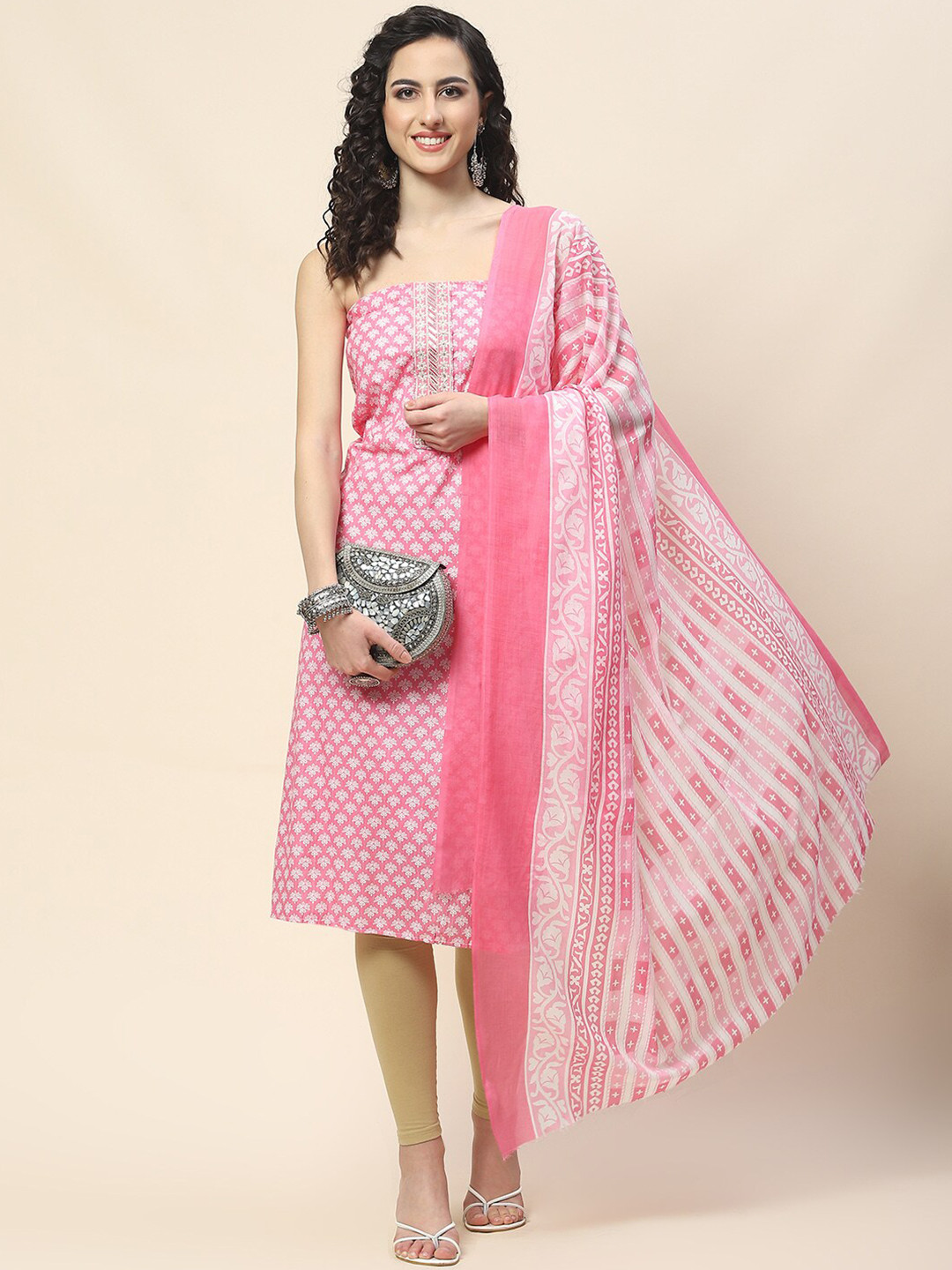 

Meena Bazaar Printed Unstitched Dress Material, Pink