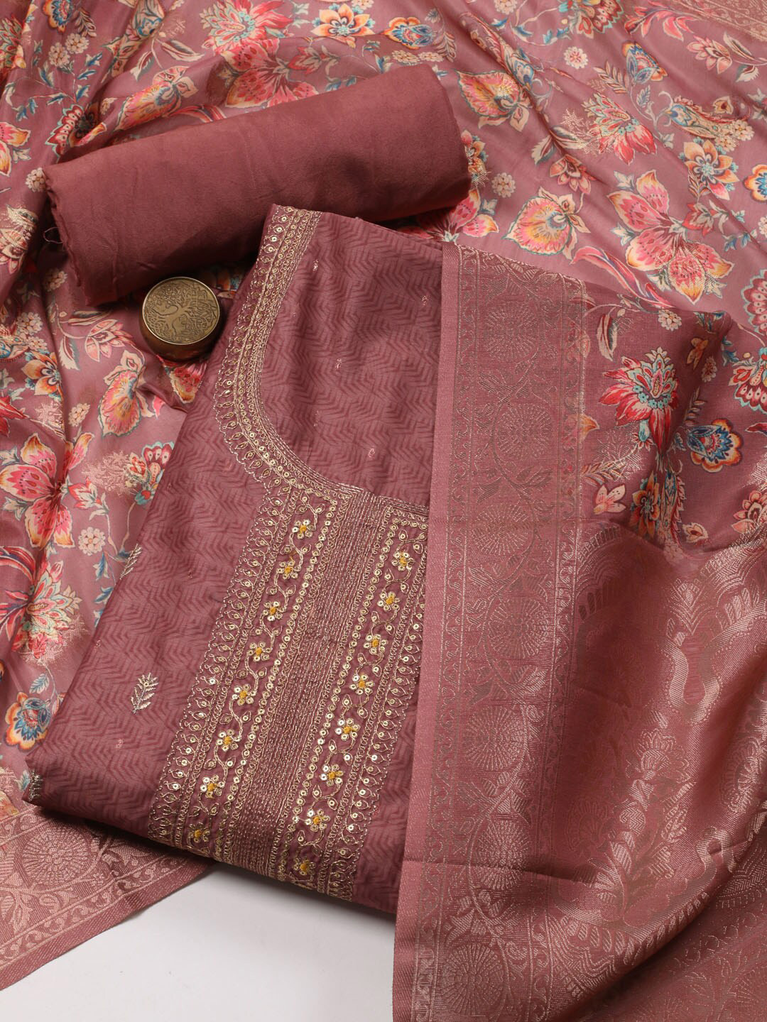 

Meena Bazaar Printed Art Silk Unstitched Dress Material, Pink