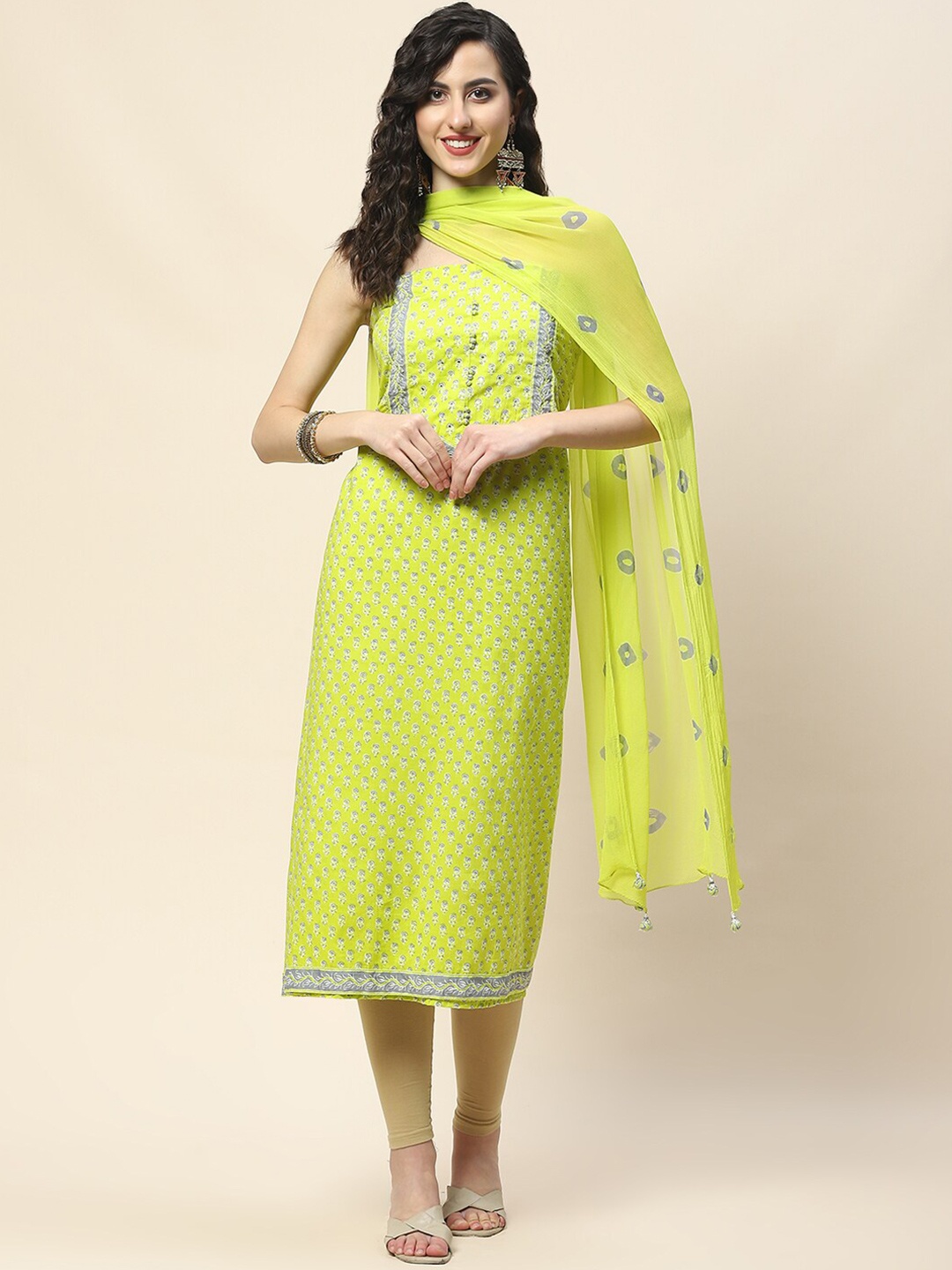 

Meena Bazaar Floral Printed Unstitched Dress Material, Lime green