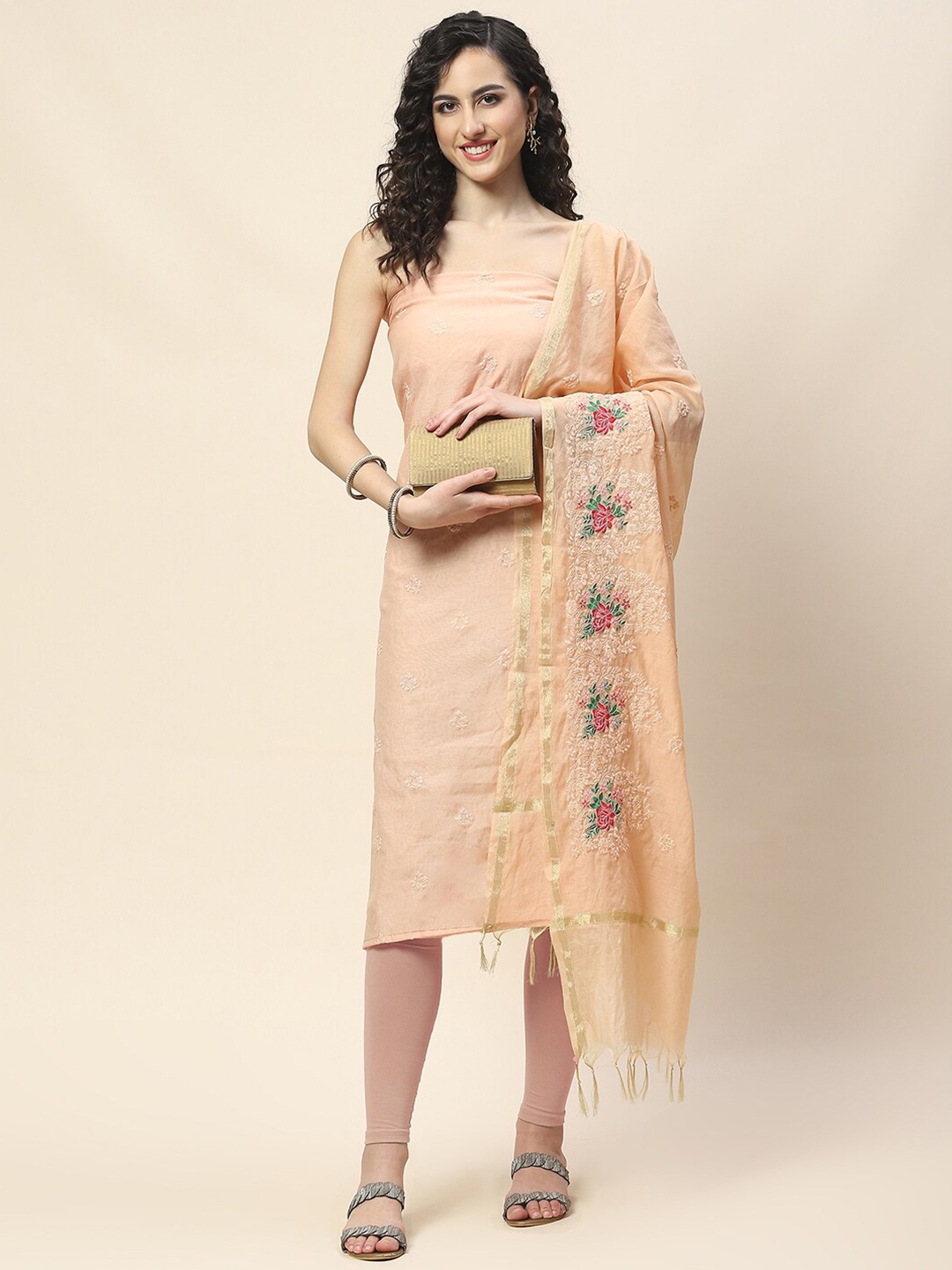 

Meena Bazaar Floral Embroidered Unstitched Dress Material, Peach