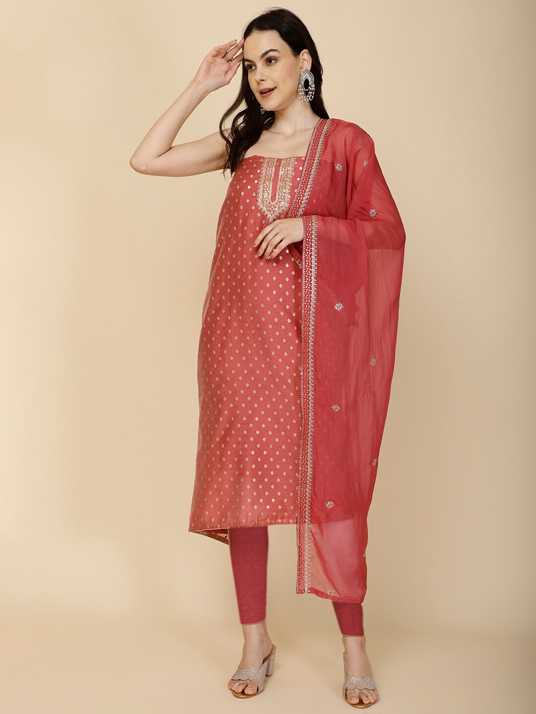 

Meena Bazaar Floral Woven Design Unstitched Dress Material, Rust
