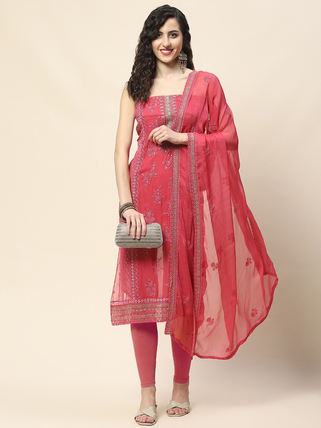 

Meena Bazaar Floral Embroidered Sequinned Unstitched Dress Material, Pink