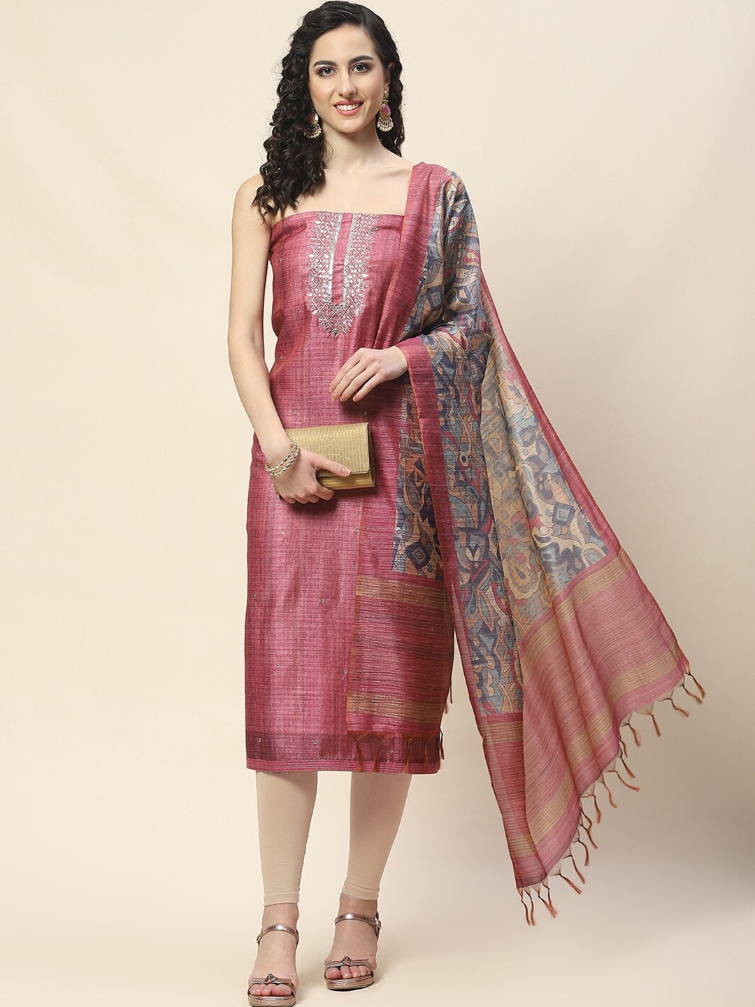 

Meena Bazaar Printed Unstitched Dress Material, Pink