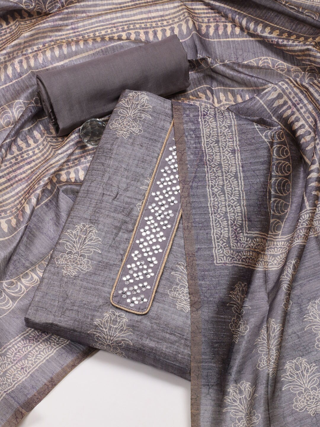 

Meena Bazaar Floral Printed Art Silk Unstitched Dress Material, Grey