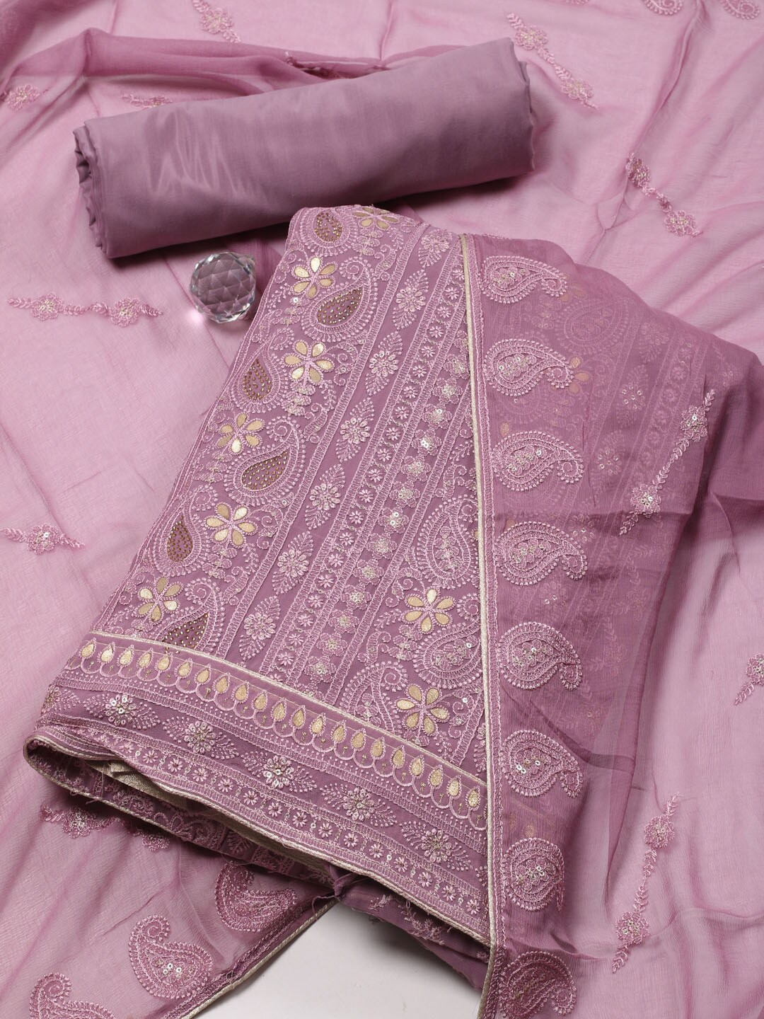 

Meena Bazaar Paisley Embroidered Art Silk Unstitched Dress Material, Lavender